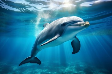 Dolphin swims in the water.