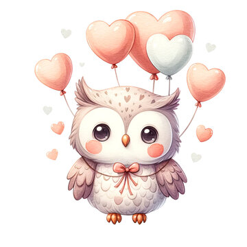 a very cute owl floating with a heart-shaped balloon, woodland animal valentine