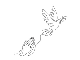 Continuous single one line drawing of Man Hands Pressed Together in Prayer Position and Flying Dove. Pray for peace. Action for Prayer, Gratitude and Thankful Isolated on White Background