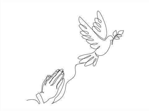 Continuous single one line drawing of Man Hands Pressed Together in Prayer Position and Flying Dove. Pray for peace. Action for Prayer, Gratitude and Thankful Isolated on White Background