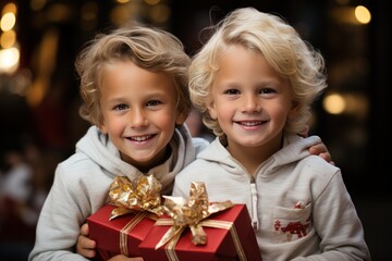 Fototapeta na wymiar happy children two blonde boys with christmas presents
