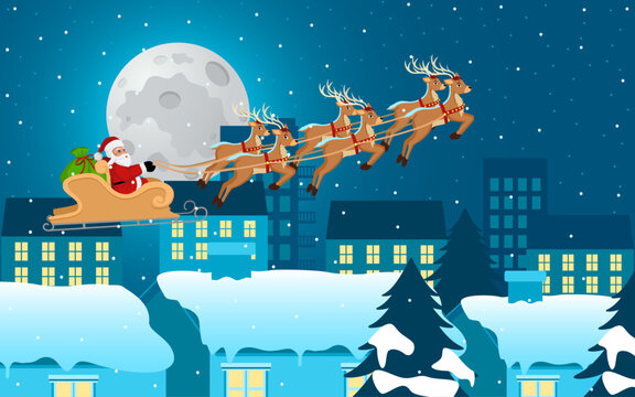 Cartoon illustration featuring Santa Claus with his reindeers and sleigh soaring above a town, vector illustration