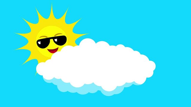 The sun, adorned with cool sunglasses, playfully peeks from behind a fluffy cloud, radiating positivity and lightheartedness