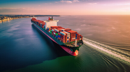 Aerial View Of A Large Container Ship Sailing in The Ocean Seascape Background