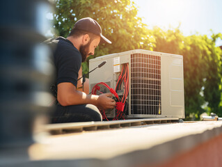 HVAC engineer install heat recovery ventilation system for new house.