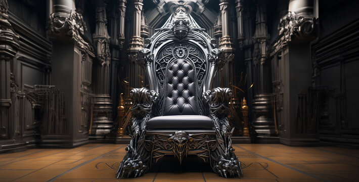 ultra realistic silver kings throne, chair in front of an wall. Generative Ai content