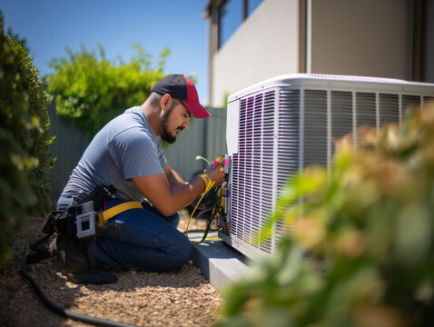 HVAC service technician changing dirty air filter in the central ventilation system. Air duct ventilation system maintenance for clean air.