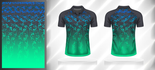 Vector sport pattern design template for Polo T-shirt front and back with short sleeve view mockup. Shades of green-grey-blue color gradient abstract grunge texture background illustration.