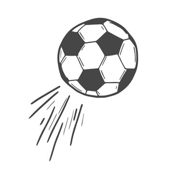 Flying ball. Graphic black sketch with european football or soccer ball and text on white background. Vector illustration.