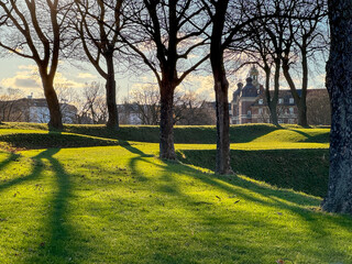 Battlement overgrown with grass in kastellet, historic danish fortress in Copenhagen