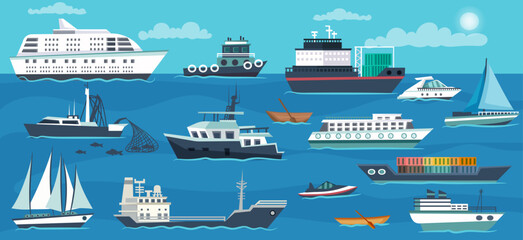 Various ship set, marine transport. Collection of tanker, sailboat, freight, cargo, yacht, fishing boat, cruise liner, speedboat. Shipping vessel, nautical voyage and resort. Vector illustration - obrazy, fototapety, plakaty