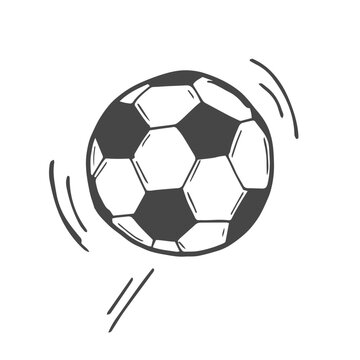 Flying ball. Graphic black sketch with european football or soccer ball and text on white background. Vector illustration.