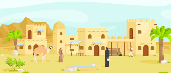 Arabian small village cityscape architecture, cartoon buildings, muslim antique mosque, traditional town. Camel caravan with bedouin. Authentic middle east religion urban house. Vector illustration - obrazy, fototapety, plakaty