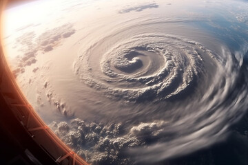 a cyclone, typhoon, hurricane on the planet as seen from space, from the porthole window of the spacecraft. Generative Ai