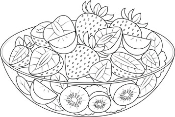Hand-drawn illustration of strawberry salad coloring page for kids and adults. Food and drink colouring book - obrazy, fototapety, plakaty