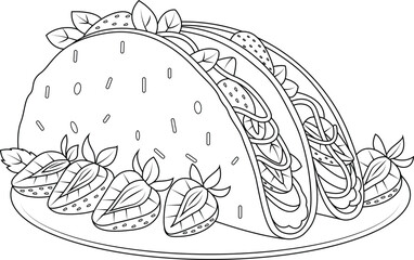 Hand-drawn illustration of strawberry tacos coloring page for kids and adults. Food and drink colouring book