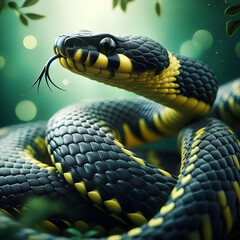 snake with high detailed head in black and yellow skin with curved body over green blurred background - obrazy, fototapety, plakaty