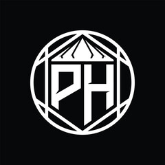 PH Letter Logo monogram hexagon slice crown sharp shield shape isolated circle abstract style design
