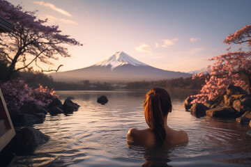 Rear view of woman enjoy Onsen in the morning and seeing view of Fuji mountain in Japan - obrazy, fototapety, plakaty