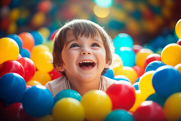 A child is playing in a ball pit. Colorful toys for children. A playroom in a kindergarten or preschool. A kid on an indoor playground in kindergarten. Children's pool with balloons. Preschooler's Bir - obrazy, fototapety, plakaty