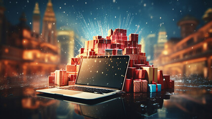 Laptop against a backdrop of colorful gift boxes on a festive background with fireworks with copy space. Online shopping concept for New Year and Christmas. Cyber Monday, Black Friday, online shopping