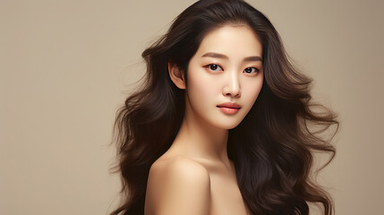 Naklejka premium Hasselblad portrait photography of asian girl with clean healthy skin on beige background. Smiling dreamy beautiful woman. wawy hair style.