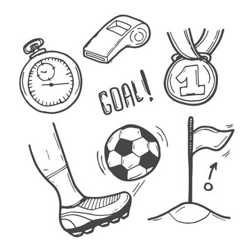 Vector hand drawn doodles cartoon set of football stuff. Soccer illustrations isolated on white