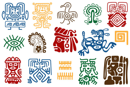 Native North American ornament, Indian culture, traditional pattern, ethnic tribal drawings. Collection of aztec, cherokee, apache, mayan elements. Isolated on white background. Vector illustration