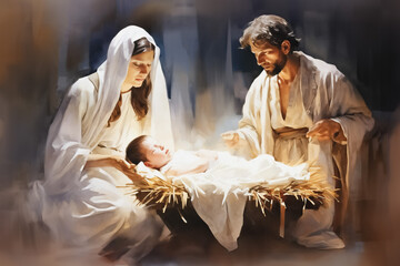 Joseph and Mary bent over the cradle with their baby, worship