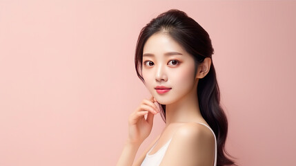 photography of beautiful korea woman, skin clean for cosmetic. pastel pink wall background. - obrazy, fototapety, plakaty