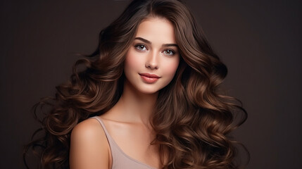 photography of Beauty brunette girl with long shiny curly hair . Beautiful smiling woman model wavy hairstyle . Cosmetology, cosmetics and make-up. - obrazy, fototapety, plakaty