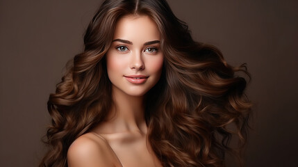Fototapeta premium photography of Beauty brunette girl with long shiny curly hair . Beautiful smiling woman model wavy hairstyle . Cosmetology, cosmetics and make-up.