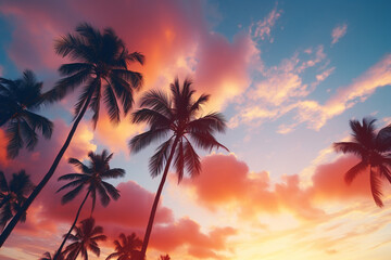 Tropical palms and sunset. 