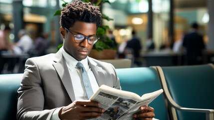 Fototapeta premium Photo a young man with casual clothing and glasses reads a newspaper in a cafe