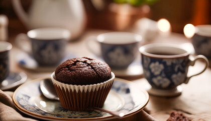 Homemade cakes, chocolate muffins served for tea. Generative Ai - obrazy, fototapety, plakaty