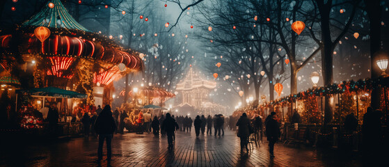 Festive atmosphere in a small town during the Christmas and New Year holidays. Illustration. Winter snowy ambience