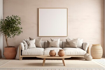 Stylish living room interior design with mock up poster frame,sofa with pillow, side wooden table, plants and creative home accessories. Home staging. Template. Copy space.