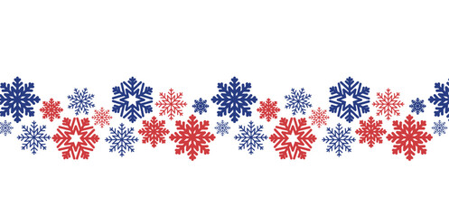 seamless vector border with snowflakes. red and blue snowflake christmas frame. traditional winter new year ornament isolated on transparent background