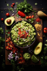 Guacamole on wooden table surrounded by its ingredients.