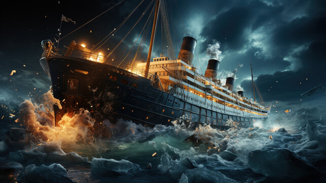 The Titanic Colliding With An Iceberg Depicting The Moment of Impact in The Midst of The Dark and Icy Ocean Seascape Background