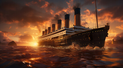 Titanic At Golden Hour In The Atlantic Ocean Seascape Background - obrazy, fototapety, plakaty