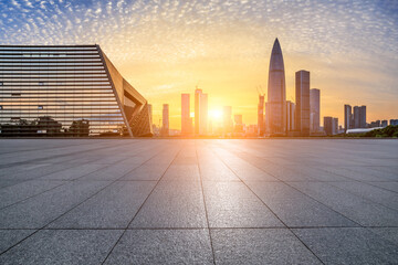 City square and skyline with modern buildings in Shenzhen at sunset, Guangdong Province, China. - 685188512