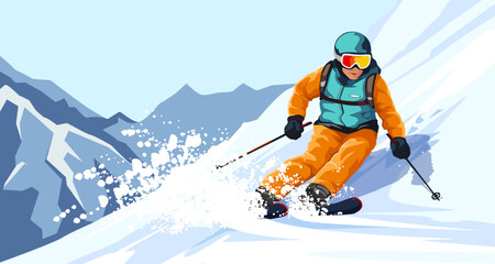 Fototapeta na wymiar Sliding professional skier in orange warm sport suit with googles. Extreme downhill. Scenic picturesque mountain landscape. Winter holiday resort and vacation. Vector illustration