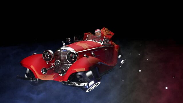 Santa in a car above the space, gift boxes, isolated background, 3d render