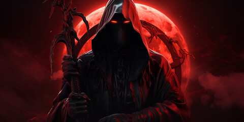 scary halloween vampire,Grim reaper reaching towards the camera over dark background, A fantasy dark lord wearing black robes and a black face mask red eyes AI generated,Eldritch Convergence Portrait 