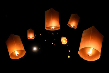 Loy Krathong Festival or Yi Peng Festival with lighted Paper Lanterns are lit to pray for good luck...