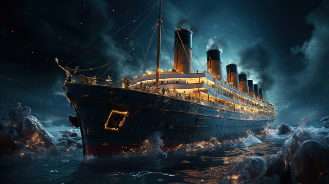 The Titanic Colliding With An Iceberg Depicting The Moment of Impact in The Midst of The Dark and Icy Ocean Seascape Background