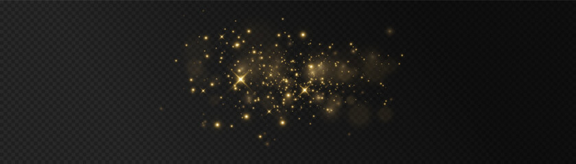 The light of gold dust, bokeh light effect background. Christmas glowing dust background, Yellow flickering glow with confetti bokeh light and particle motion. The dust sparks and golden stars shine.