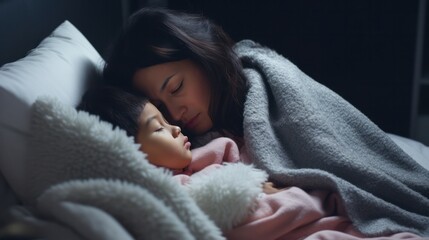 asian woman take care of little ill daughter. Sick child lying on bed under blanket, with worried. single mom taking care of sick daughter at home. child has a high fever. covers on the couch and ill. - obrazy, fototapety, plakaty