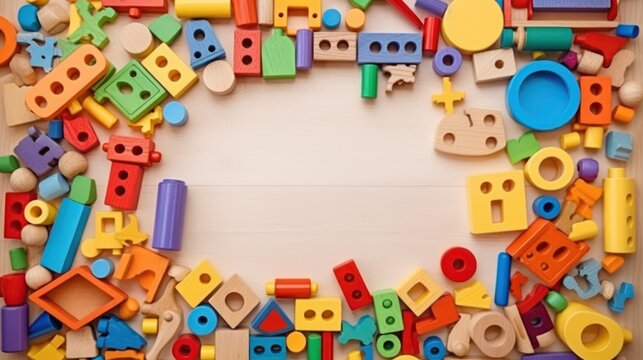 Baby kids toys frame on background, Toy many colorful educational wooden. play, Top view, executive function, kid, skill, education, intelligence quotient, emotional quotient, childhood, development